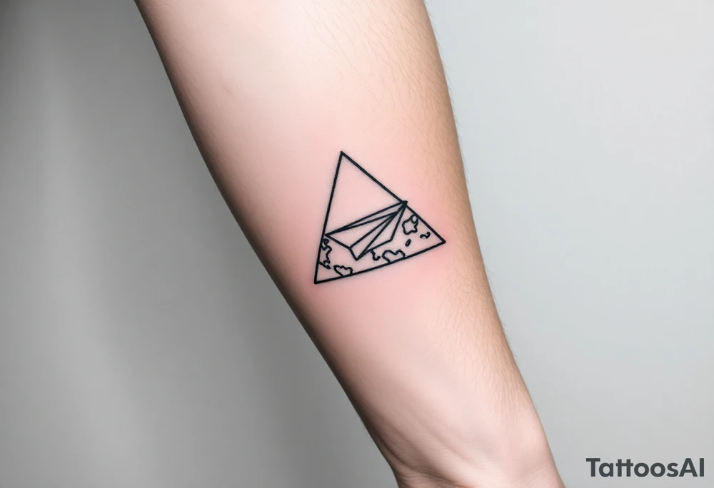 Geometric small triangle with a paper plane flying around the world while being psychedelic with fine thin lines tattoo idea