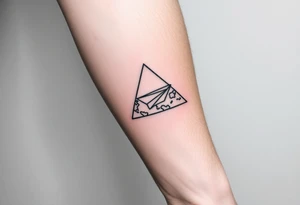 Geometric small triangle with a paper plane flying around the world while being psychedelic with fine thin lines tattoo idea