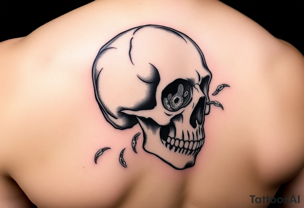 right side of a skull with cryptococcus neoformans out of its eyes and mouth tattoo idea