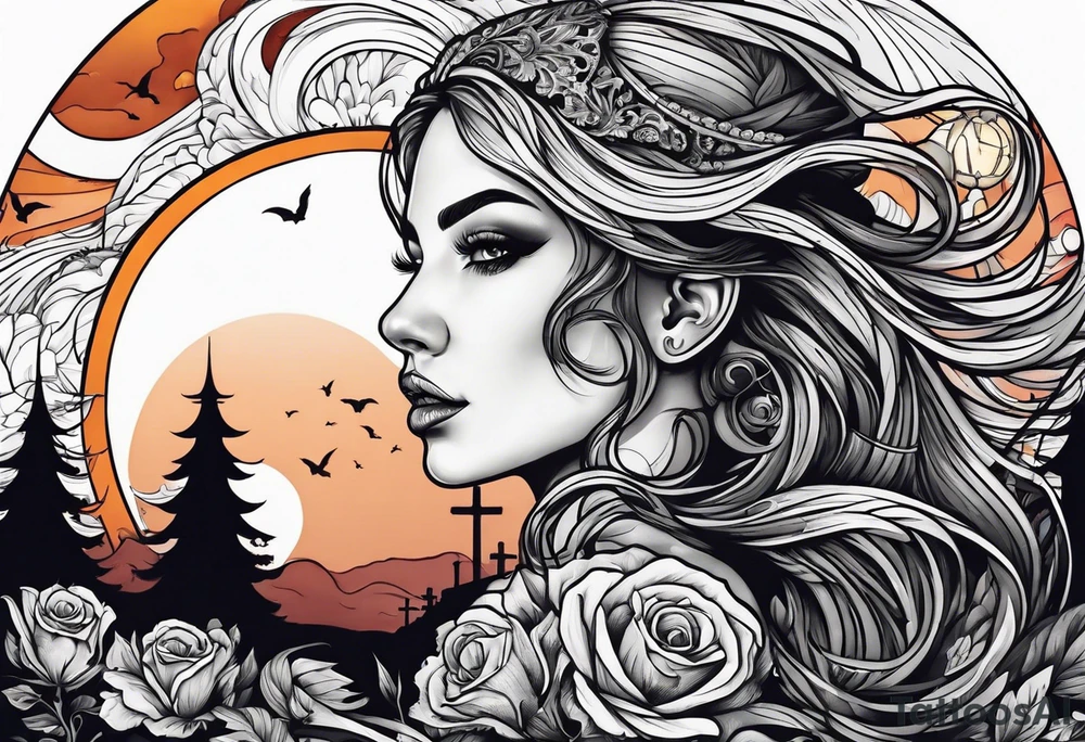 Woman walking out of a graveyard tattoo idea