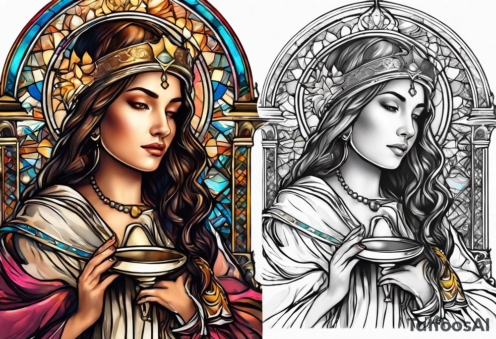 holy saint woman with halo holding a chalice tattoo idea