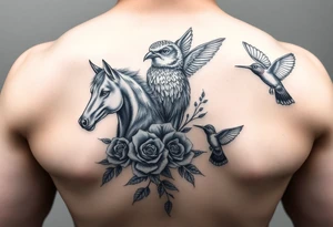 tattoo design featuring: wolf, horse, owl, dog, swallow, hummingbird - all interwoven with roses tattoo idea