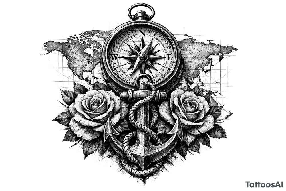 a compass under it an anchor, roses,world map. tattoo idea