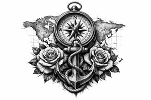 a compass under it an anchor, roses,world map. tattoo idea