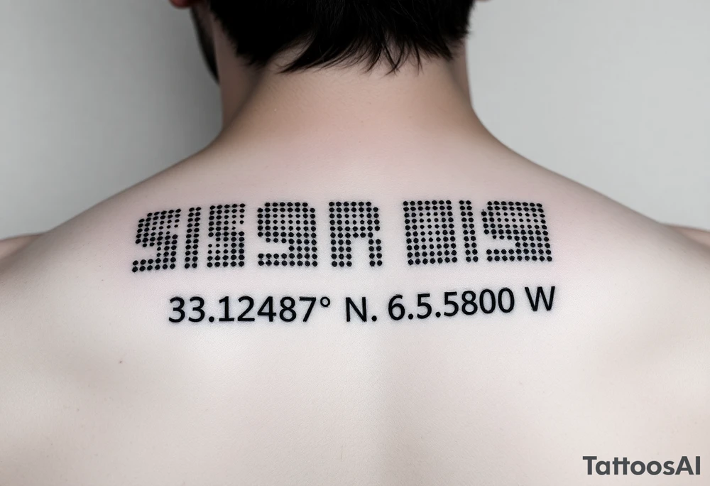 Morse code for sis along with the coordinates 33.12487° N, 85.58014° W tattoo idea