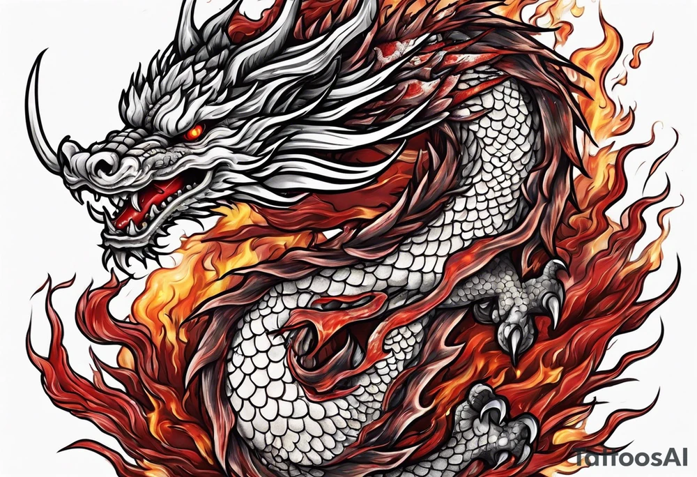 japanese dragon with flames and red highlights on a meat jerky label tattoo idea