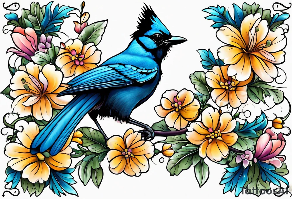 Steller’s Jay bird with flowers tattoo idea