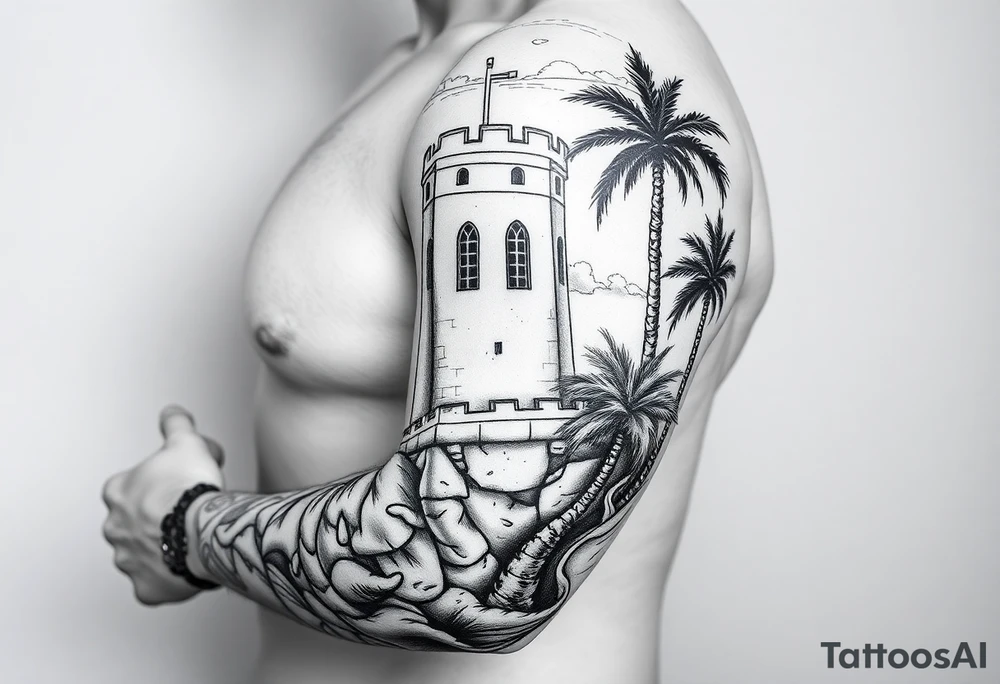 Saint Barbara, castle tower with three windows, palm tree tattoo idea