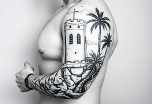 Saint Barbara, castle tower with three windows, palm tree tattoo idea