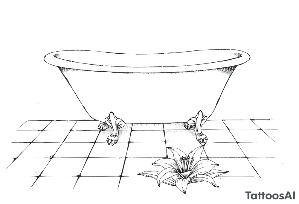 Clawfoot bathtub on tile floor with lily coming up from floor tattoo idea