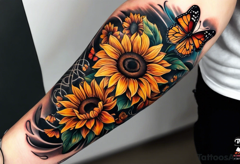 Arm sleeve with sunflowers and butterflies tattoo idea