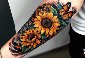 Arm sleeve with sunflowers and butterflies tattoo idea