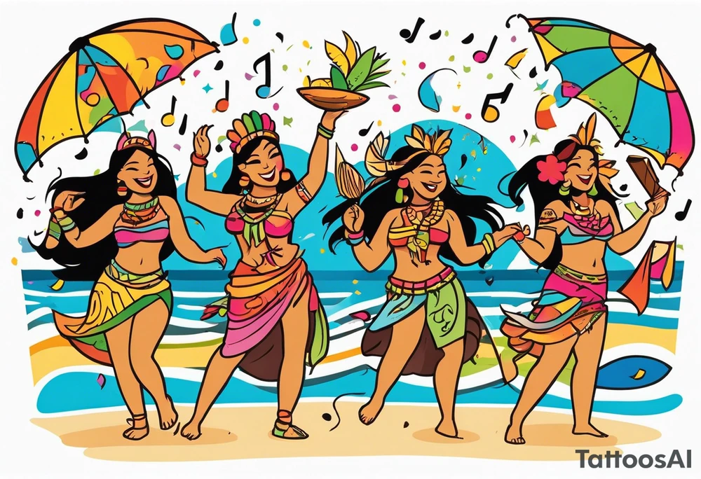 beach party scene with tiki gods and hulu girls dancing include music notes and confetti. leave a blank area in the middle of the image tattoo idea