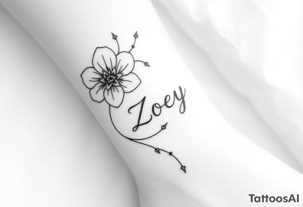 I want it on my wrist. I want a beautiful flower on the inside of my wrist with tendrils down the inside of my arm with little delicate stars or motes and the name Zoey

Why are you showing it on a back? I want it on the inside of my wrist

I want it to be a little smaller. I want the lines to be super fine. I want more organic delicate tendrils. The name Zoey should be about 3" up on the inside of my arm 

I just want the tendrils to look more natural and flowy and graceful.
I do not want stars in it anymore. 
Please show it on the inside of the wrist with the blossom just below the palm and the tendrils curling up the inside of the arm. I want a little more tendrils with some little sparkles very delicate leading to the name
More options. Make it super delicate and graceful. The endrils can have tiny delicate leaves tattoo idea