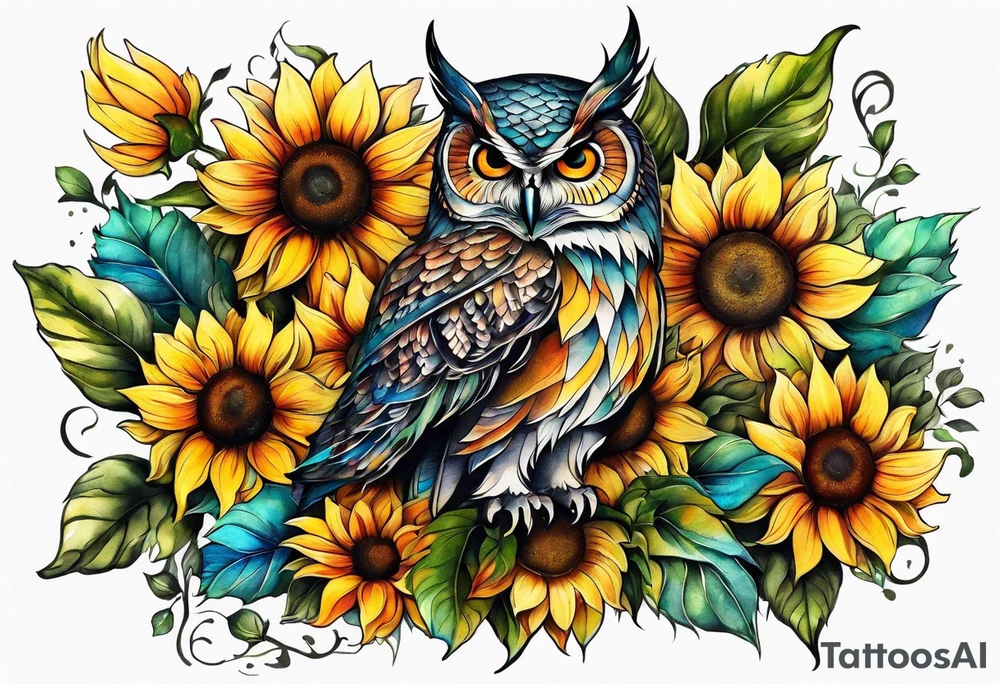 Leg sleeve with colorful sunflowers and an owl tattoo idea
