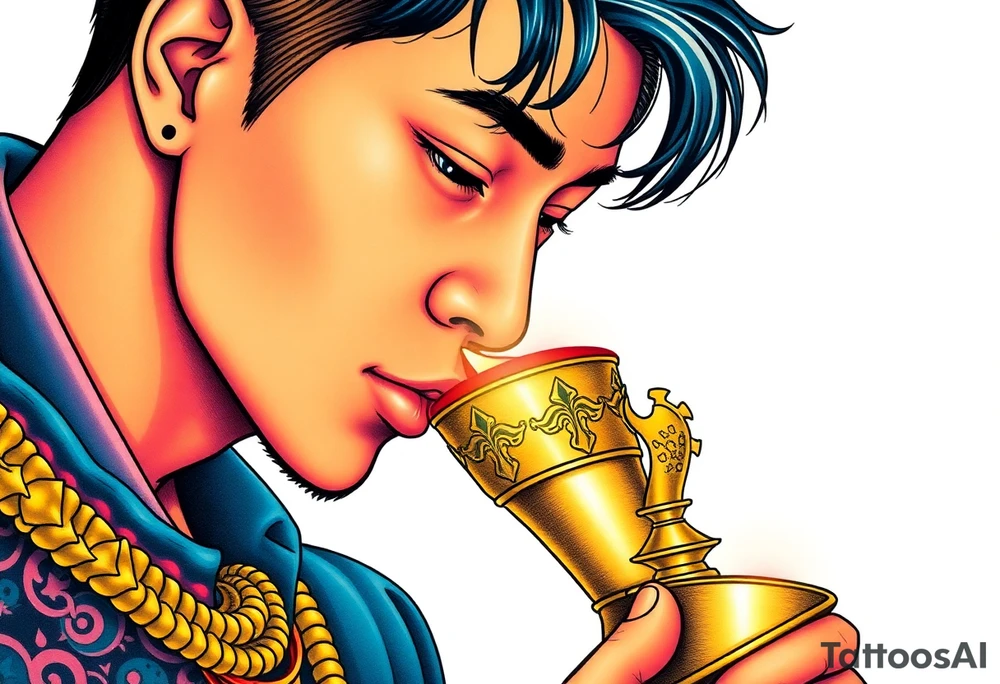 Handsome Asian young guy is drinking from medieval golden cup tattoo idea