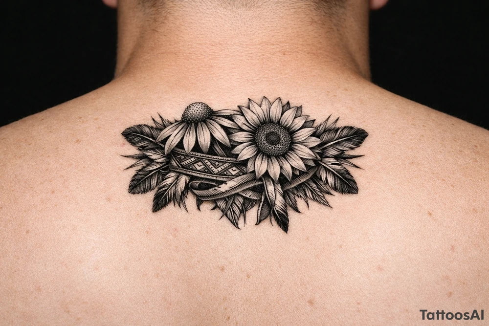 Coneflower and sunflower with feathers and female Indian headband ribboned through tattoo idea