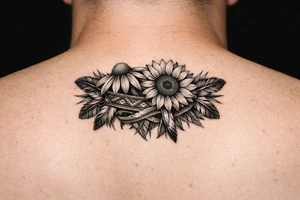 Coneflower and sunflower with feathers and female Indian headband ribboned through tattoo idea