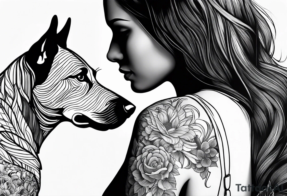 dog reaching hand of a woman and woman as her back facing us tattoo idea