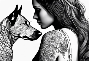 dog reaching hand of a woman and woman as her back facing us tattoo idea