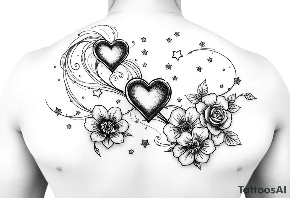 I want swirling lines like wind with hearts and stars an flowers with makeup floating tattoo idea