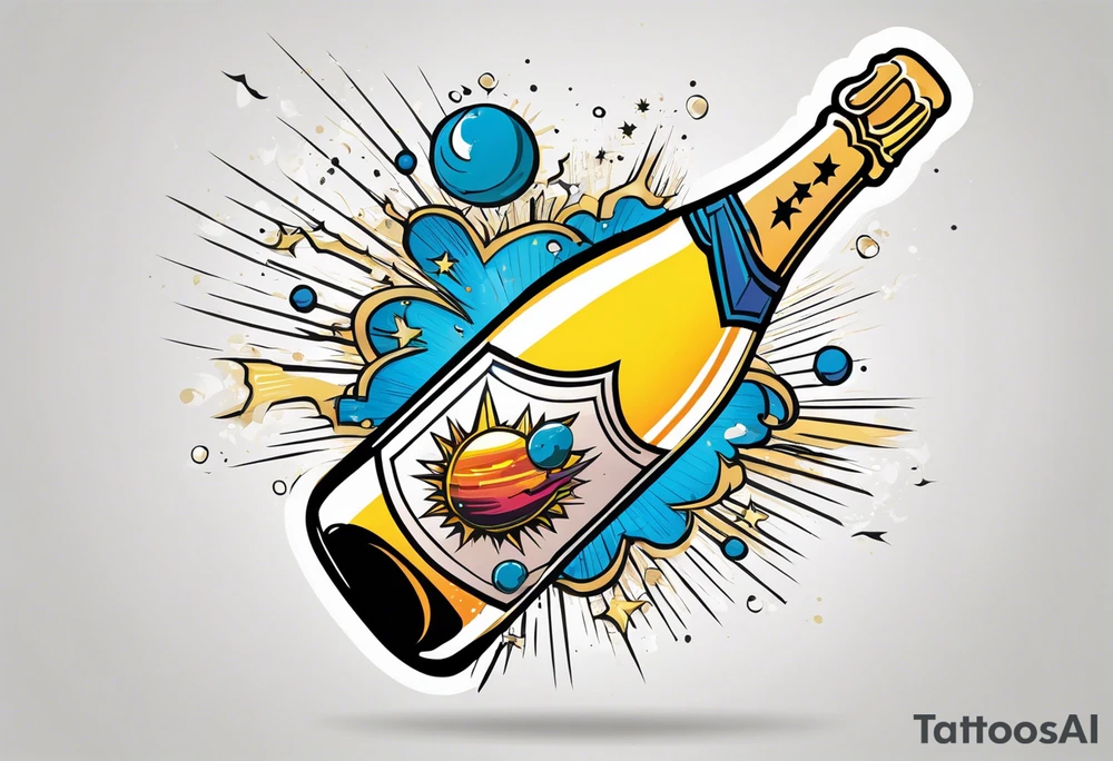 A champagne bottle exploding in space, above the world tattoo idea