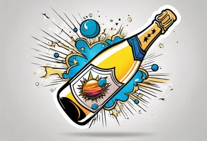 A champagne bottle exploding in space, above the world tattoo idea