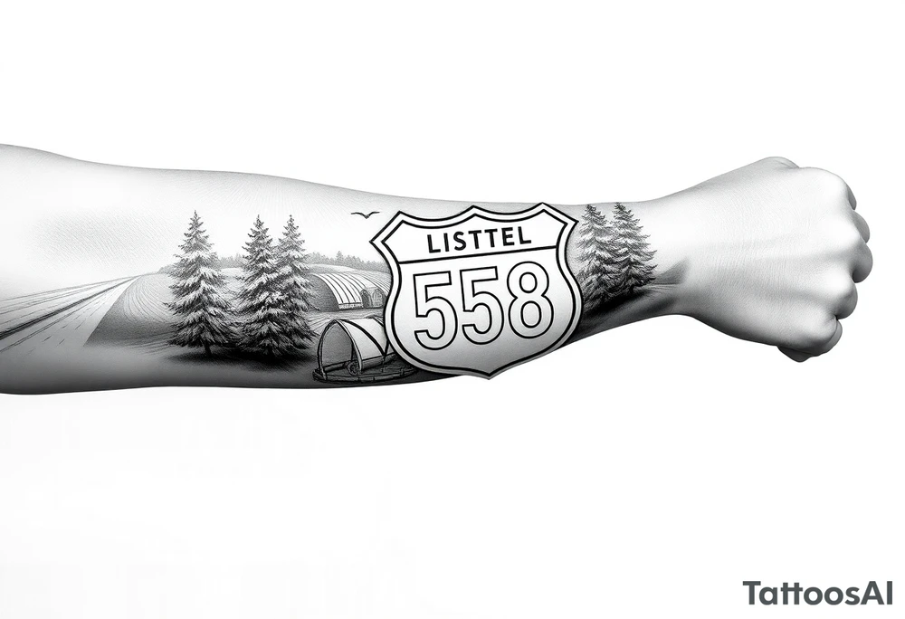 Arm sleeve State Route sign 558 at wrist, with trees all around and farm in background, road w/ view tattoo idea