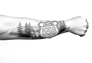 Arm sleeve State Route sign 558 at wrist, with trees all around and farm in background, road w/ view tattoo idea