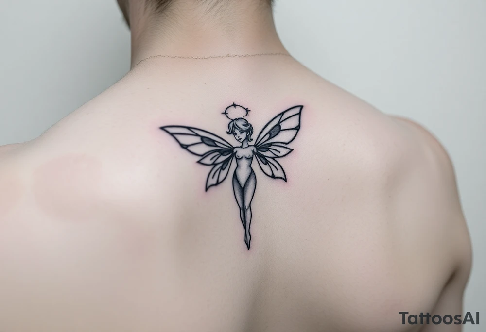 simple logo-style androgynous fairy/angel tattoo for girl's shoulder, lines only black ink. the tattoo is small showing the whole body/figure of the angel tattoo idea