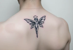 simple logo-style androgynous fairy/angel tattoo for girl's shoulder, lines only black ink. the tattoo is small showing the whole body/figure of the angel tattoo idea