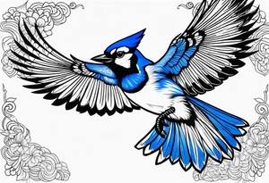 Strong blue jay bird in flight downwards tattoo idea