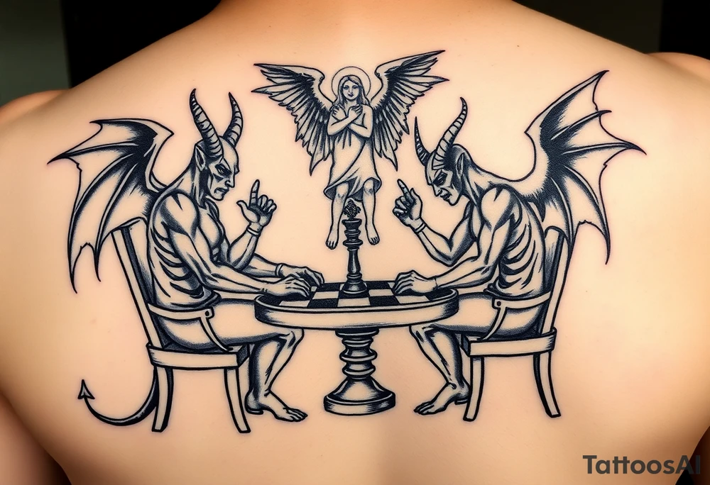 devil and angel playing chess in black. Make them seem like people and not animals. Sitting on chairs with an angel watching tattoo idea