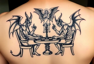 devil and angel playing chess in black. Make them seem like people and not animals. Sitting on chairs with an angel watching tattoo idea