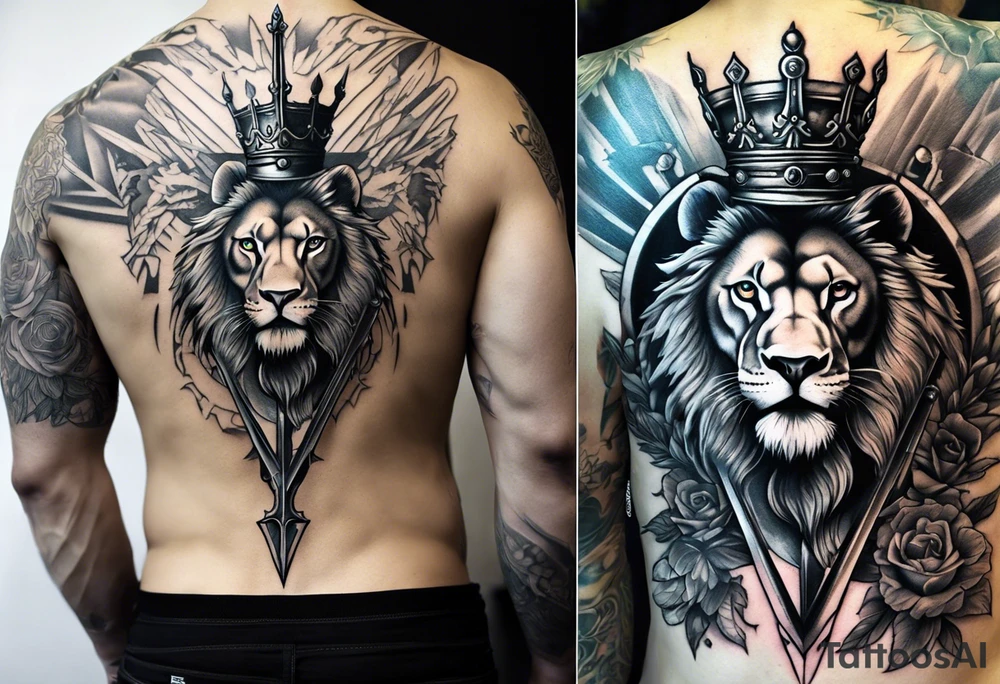Back Tattoo of a Sword starting at the lower neck going down the spine. On the left of the sword is a lion wearing a crown of thorns and on the right side of the sword a lamb wearing a kings crown tattoo idea
