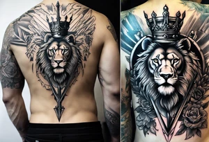 Back Tattoo of a Sword starting at the lower neck going down the spine. On the left of the sword is a lion wearing a crown of thorns and on the right side of the sword a lamb wearing a kings crown tattoo idea