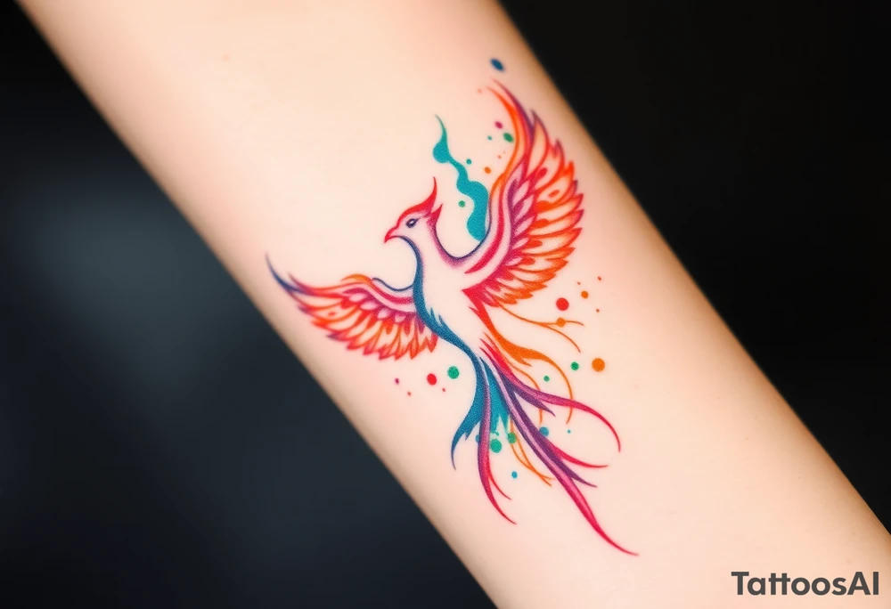 Phoenix in flames with purple, blue, orange, teal and green splashes, looking upwards. Materializing from below. tattoo idea
