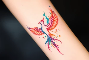Phoenix in flames with purple, blue, orange, teal and green splashes, looking upwards. Materializing from below. tattoo idea