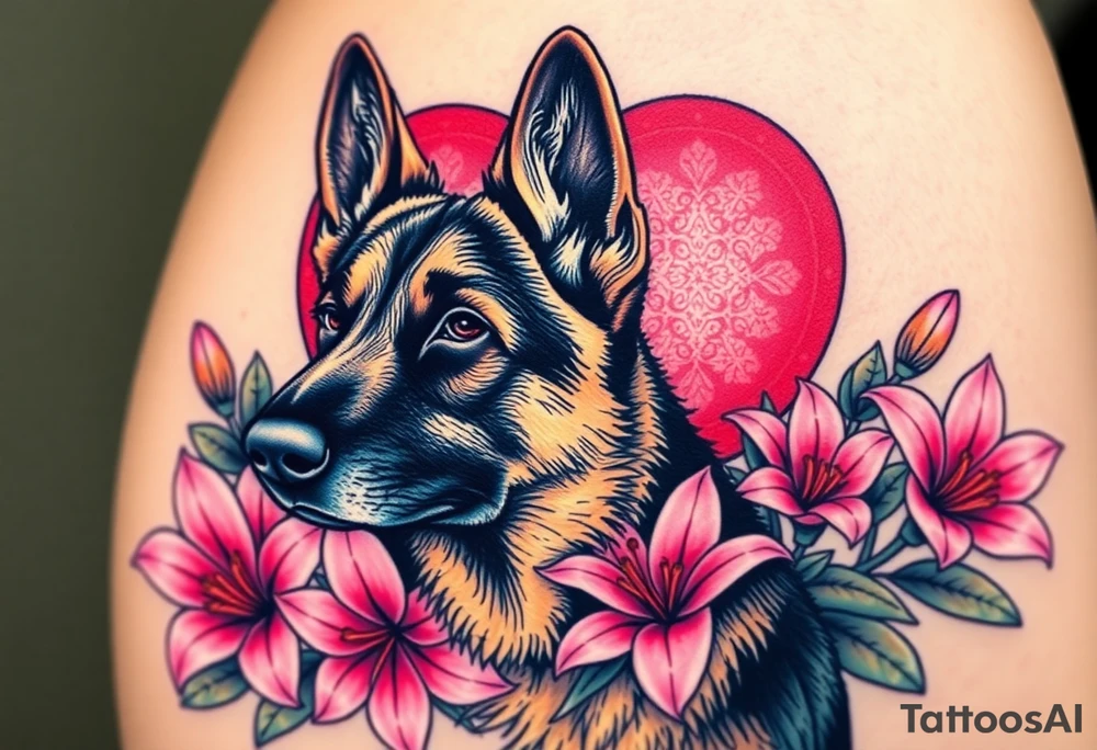 realistic german shepherd with alert ears looking protective surrounded by pink lilies with leaves in front of a sacred heart tattoo idea