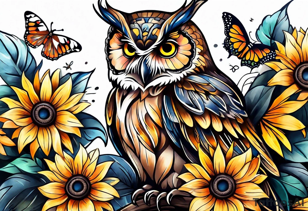 Owl, butterfly and sunflower are sleeve tattoo idea
