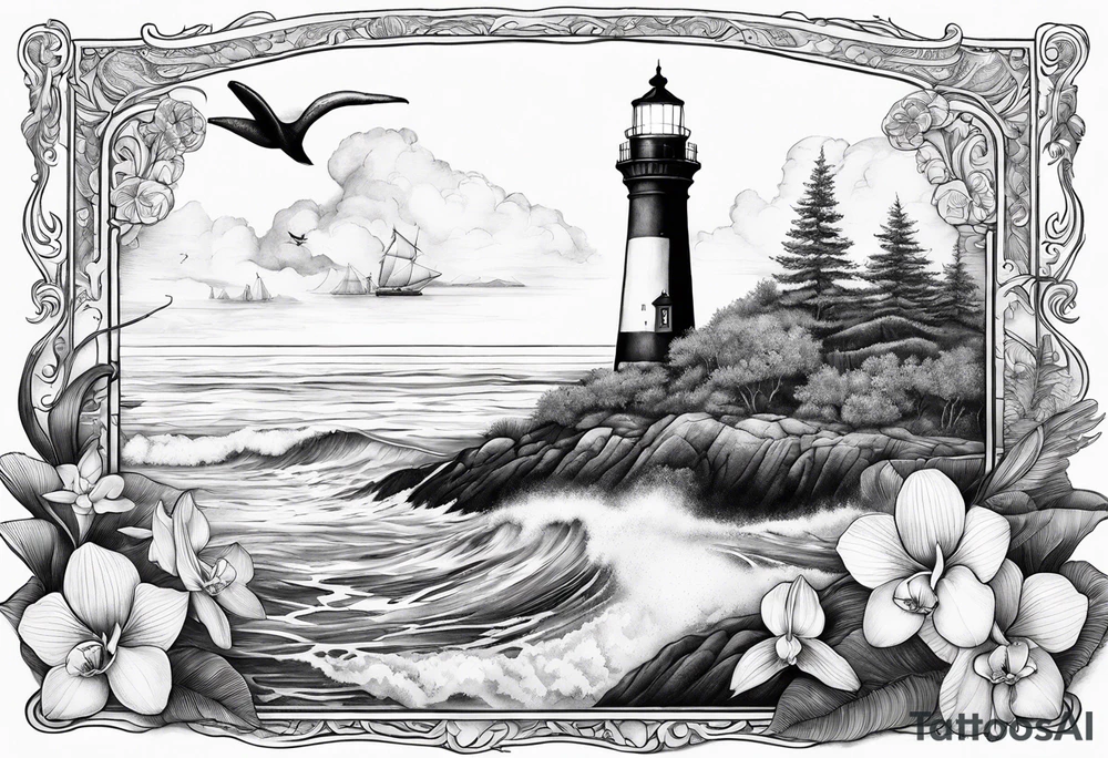 Lighthouse on a beach with a humpback whale's tail sticking out of the water of the ocean with a border containing an anchor and orchids tattoo idea
