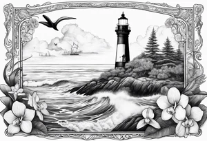 Lighthouse on a beach with a humpback whale's tail sticking out of the water of the ocean with a border containing an anchor and orchids tattoo idea