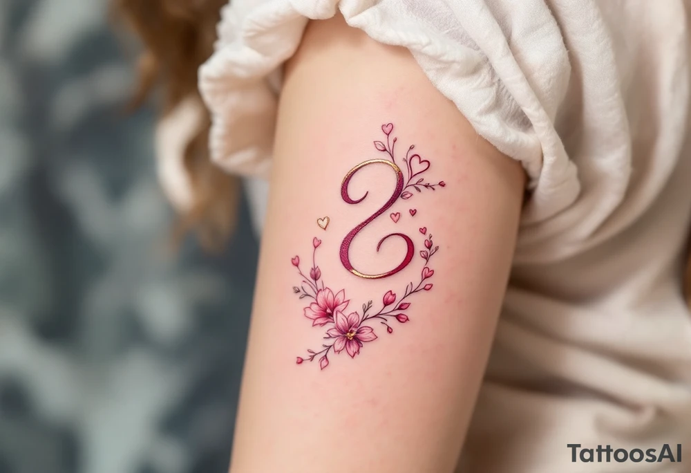A soft pink and gold rune symbolizing love. Outlined with delicate hearts and floral accents. tattoo idea