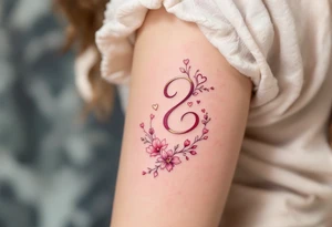 A soft pink and gold rune symbolizing love. Outlined with delicate hearts and floral accents. tattoo idea