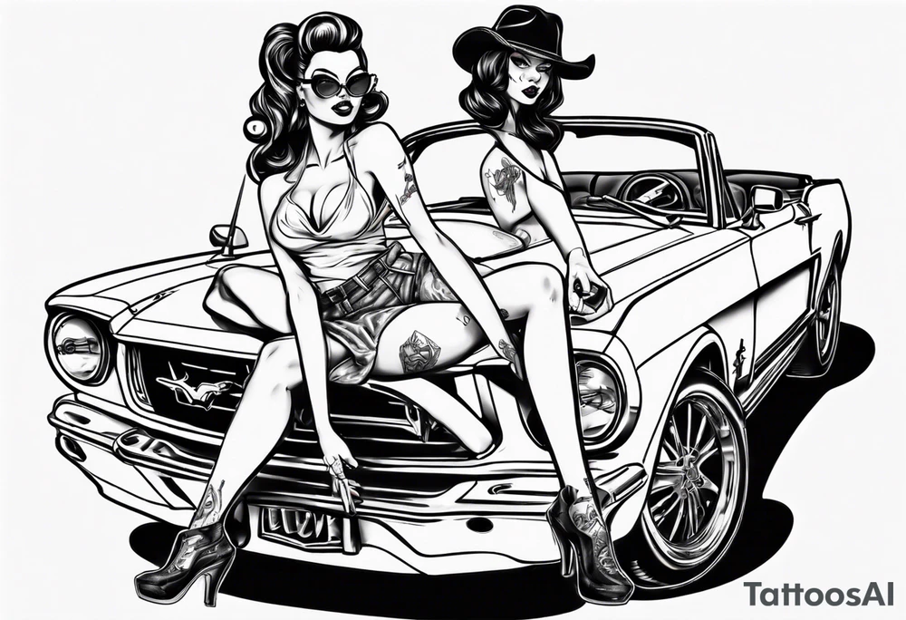 pinup doll sitting on the hood of a mustang car tattoo idea