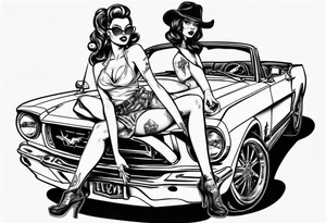 pinup doll sitting on the hood of a mustang car tattoo idea