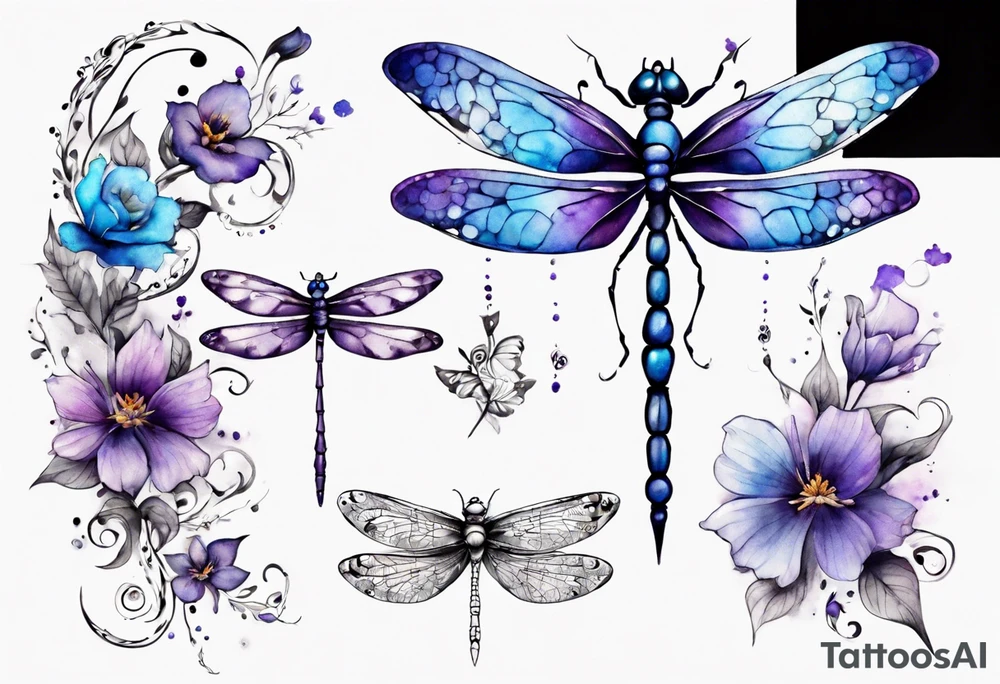 half sleeve with small flowers and a blue and purple watercolor dragonfly with a semicolon for the body tattoo idea