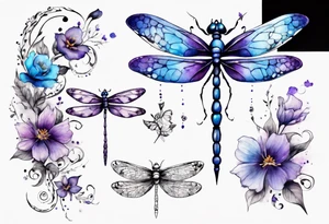 half sleeve with small flowers and a blue and purple watercolor dragonfly with a semicolon for the body tattoo idea
