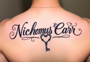 Cursive font writing with creative swirls running with the letters spelling Nicholas Carr. With a fancy heart and key in it at the end tattoo idea