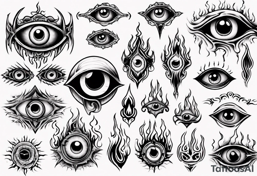 Creepy eye with flames tattoo idea
